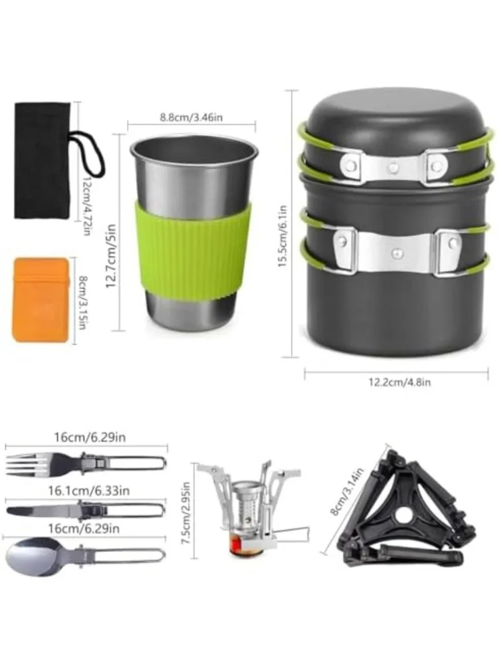 Camping Cookware Set with Tripod, Stainless Steel Cup, Fork & Spoon for Hiking
